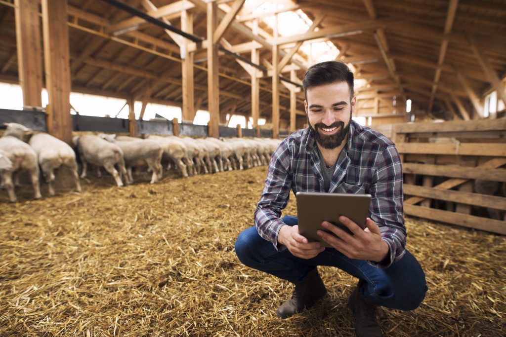 Prazo de entrega para o Livro Caixa Digital de Produtor Rural. Homem sorrindo em sua propriedade rural, um tablet está em suas mãos para a consulta do LCDPR. O ambiente é bem iluminado e em tons terrosos, com animais desfocados ao fundo e palha no chão.