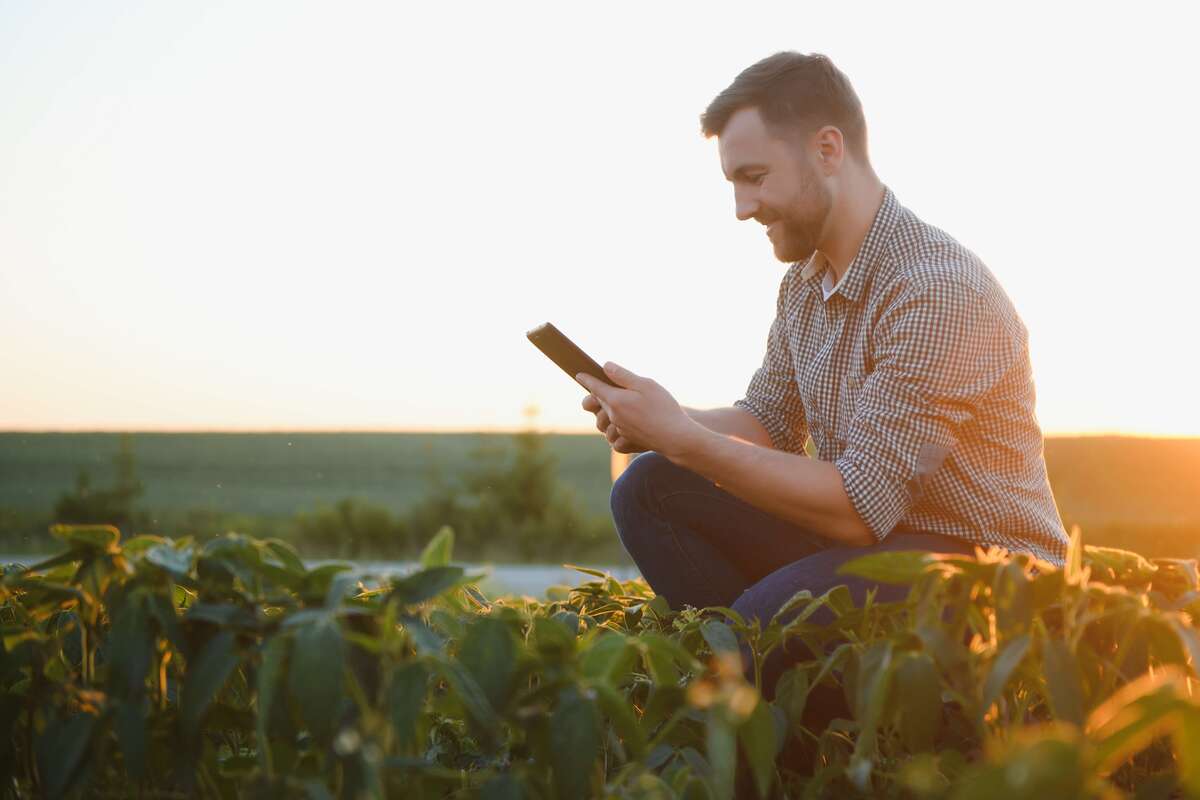 Livro Caixa Digital do Produtor: homem bonito sorrindo olha para dispositivo móvel