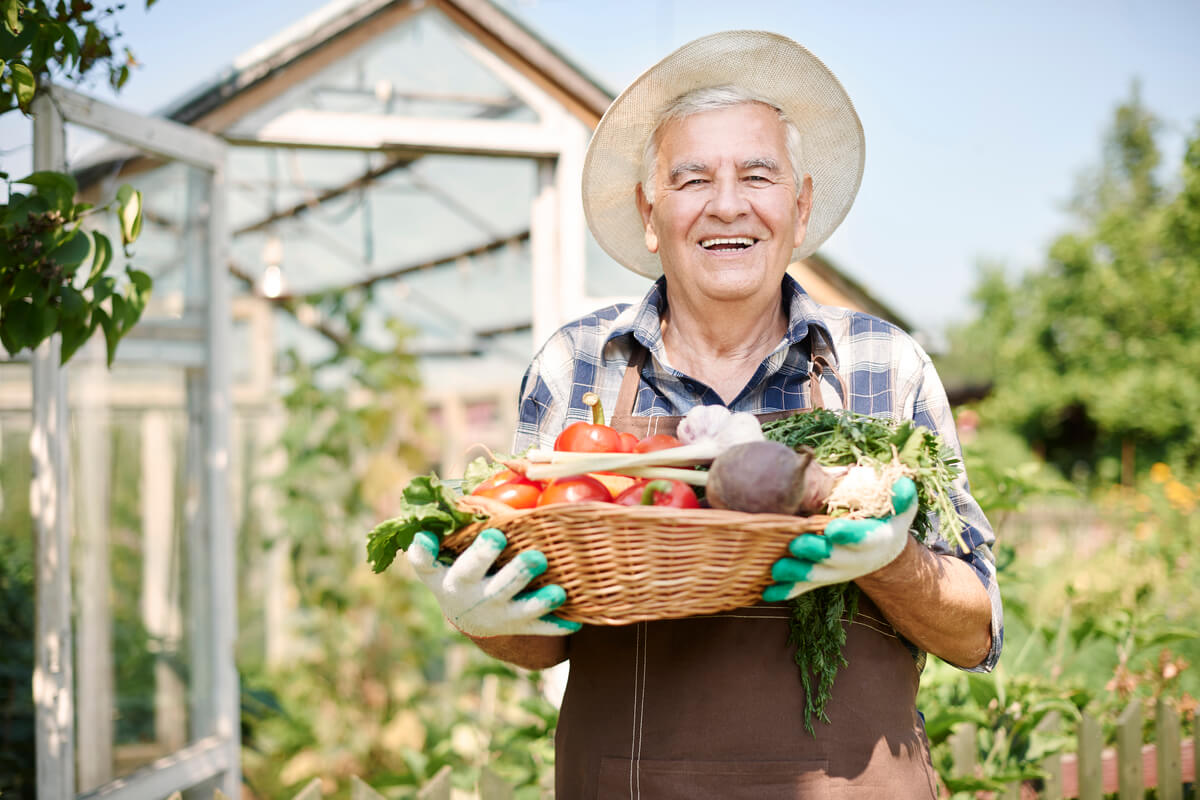 esocial produtor rural: homem sorrindo segura cesto com verduras