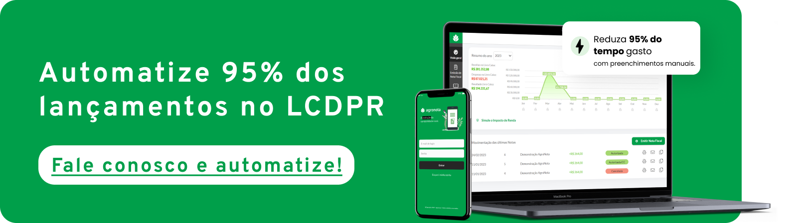 Faça LCDPR 95% no automático. Conheça o Agronota: o sistema que busca as notas emitidas contra o CPF do Produtor e escritura receitas e despesas automaticamente, através de regras inteligentes. O prazo de entrega do LCDPR está cada dia mais próximo, atente-se!